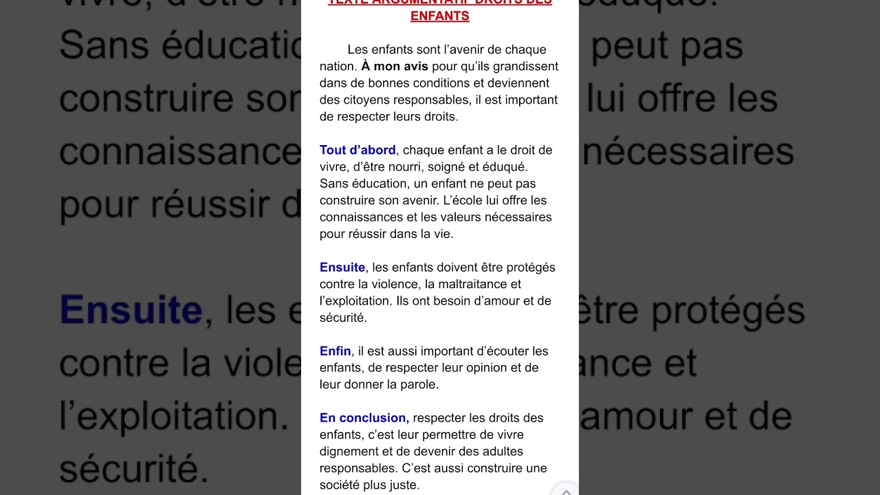 Texte argumentatif sur Les droits des enfants 4am BEM #bem #composition #français