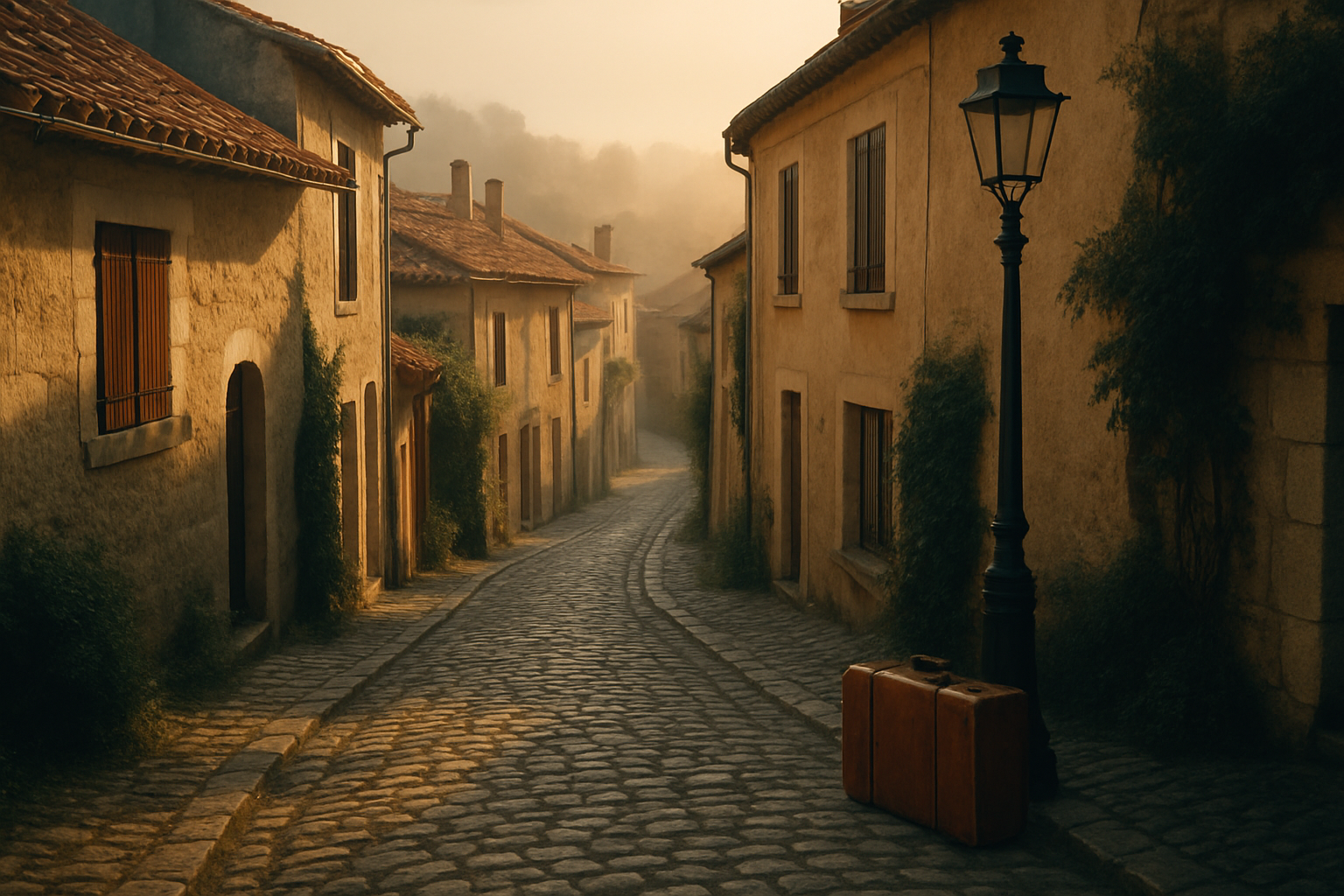 Ruelle pavée d'un village vintage à l'heure dorée