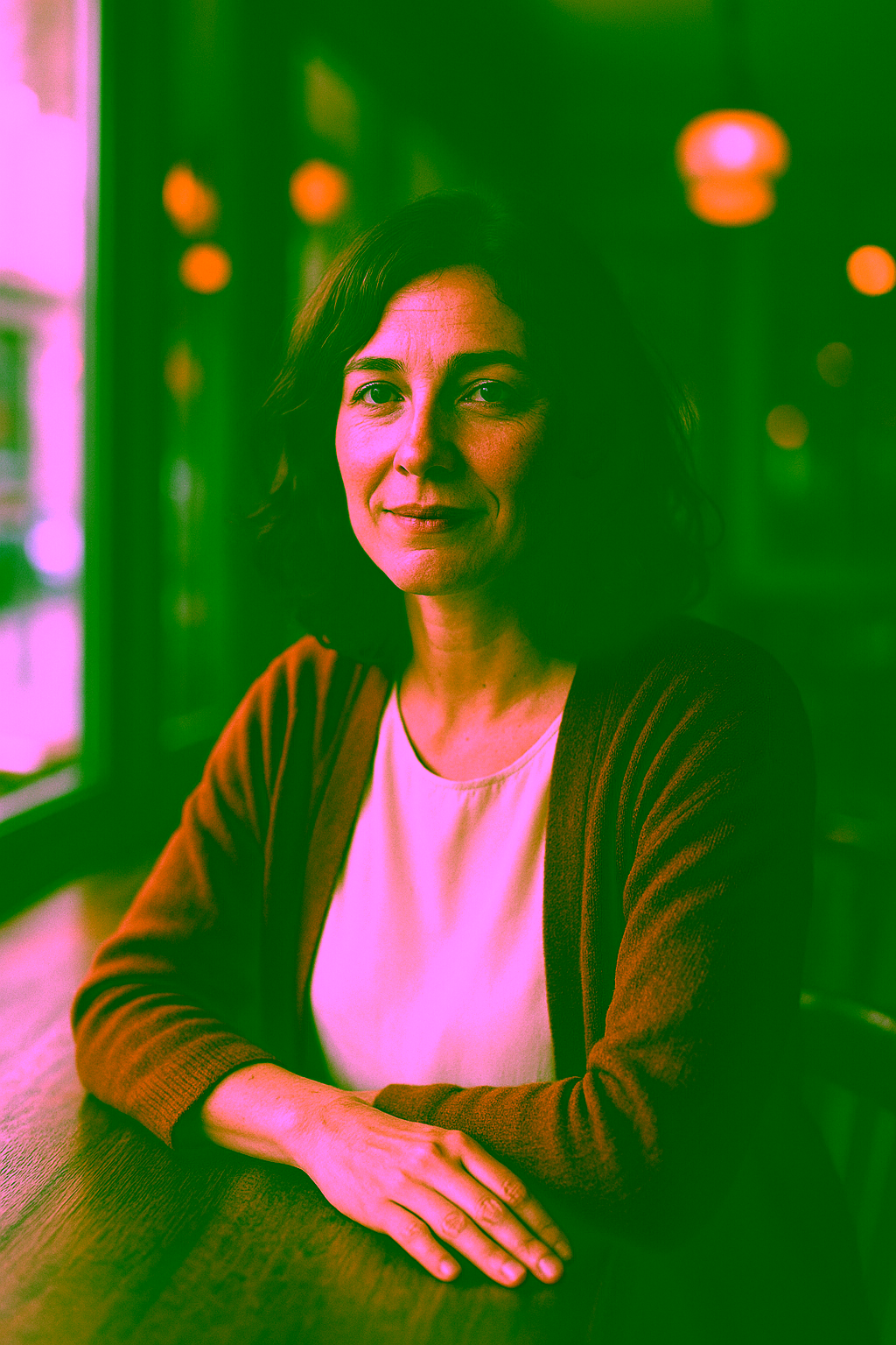 Femme assise dans un café, portant un cardigan marron.